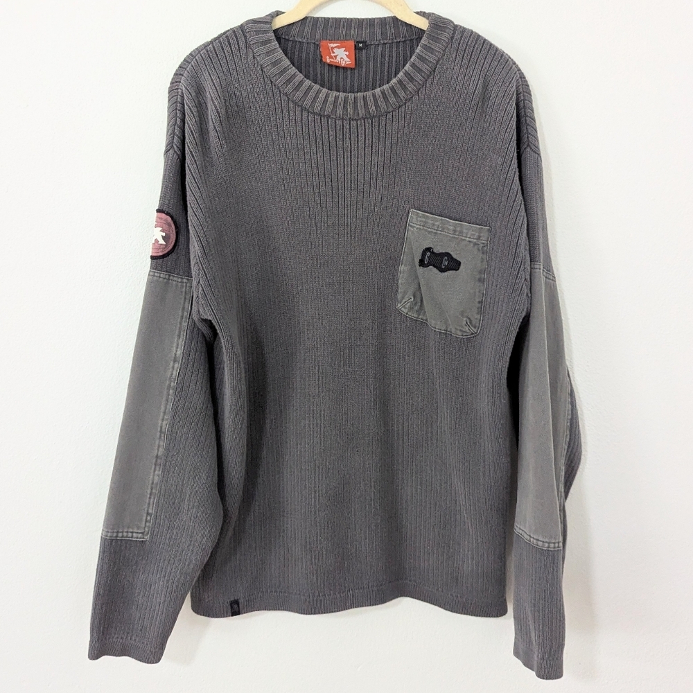 Vintage Y2K Gotcha Knit Sweater Pocket Elbow Patch Logo Gray Medium M